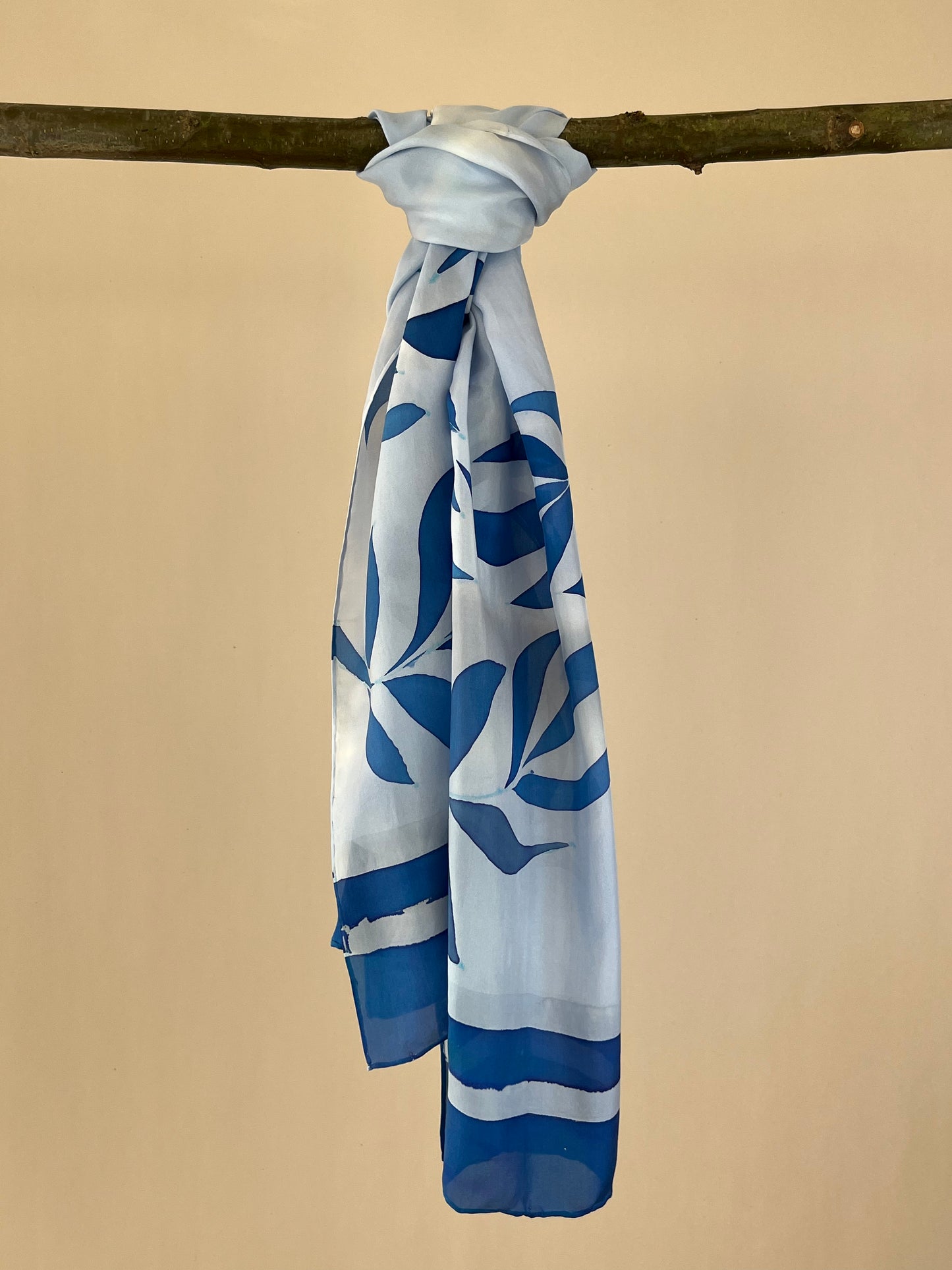 Olive branch in blue grey - handmade 100% square silk scarf