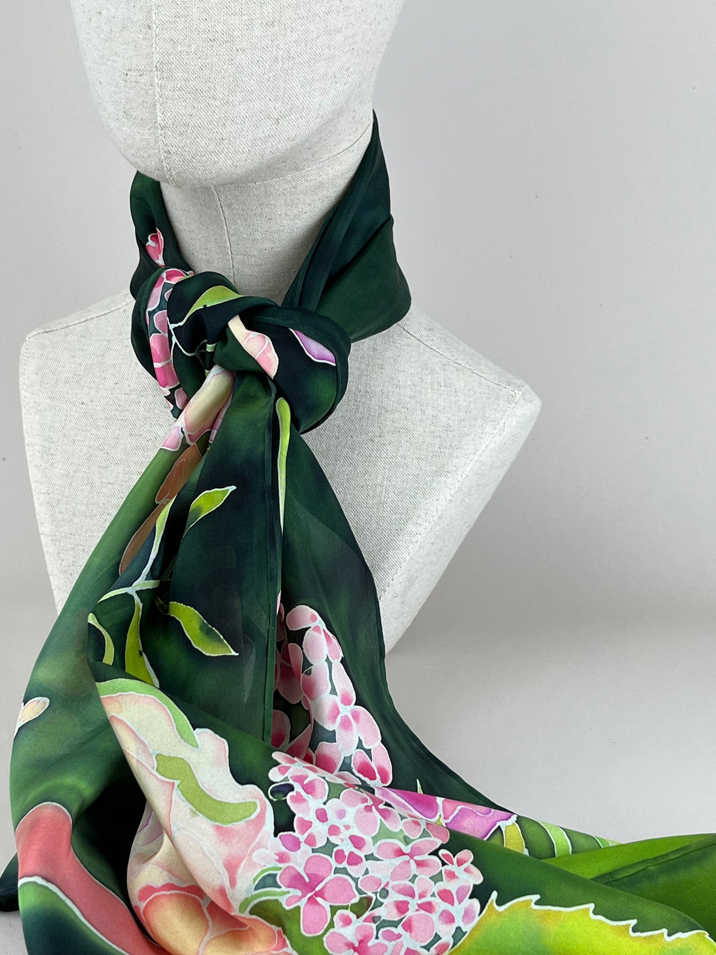 Roses and Poses in Bottlegreen- long silk scarf