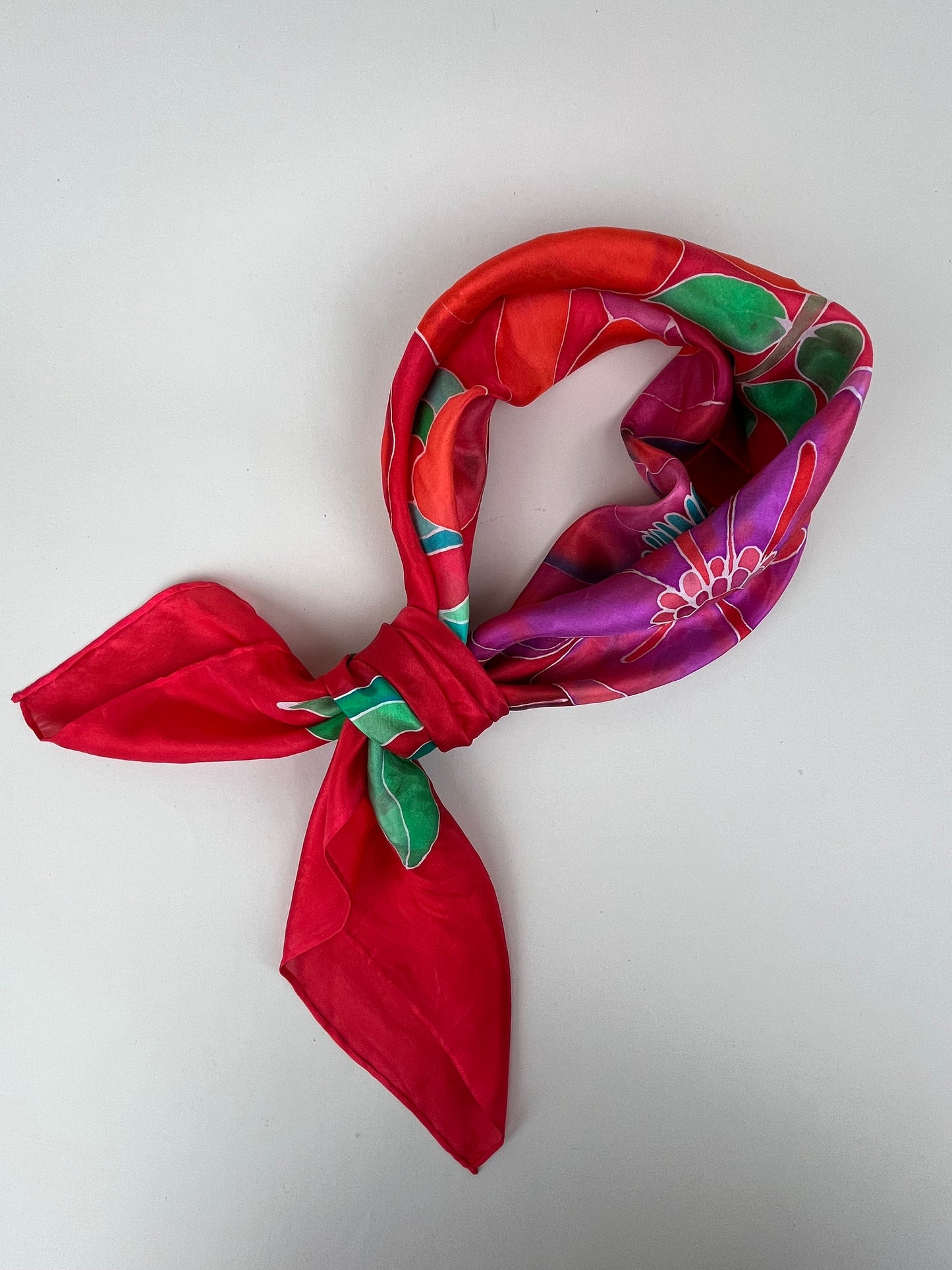 Manon - handmade silk scarf scarlet red and purple and red florals beautiful gift