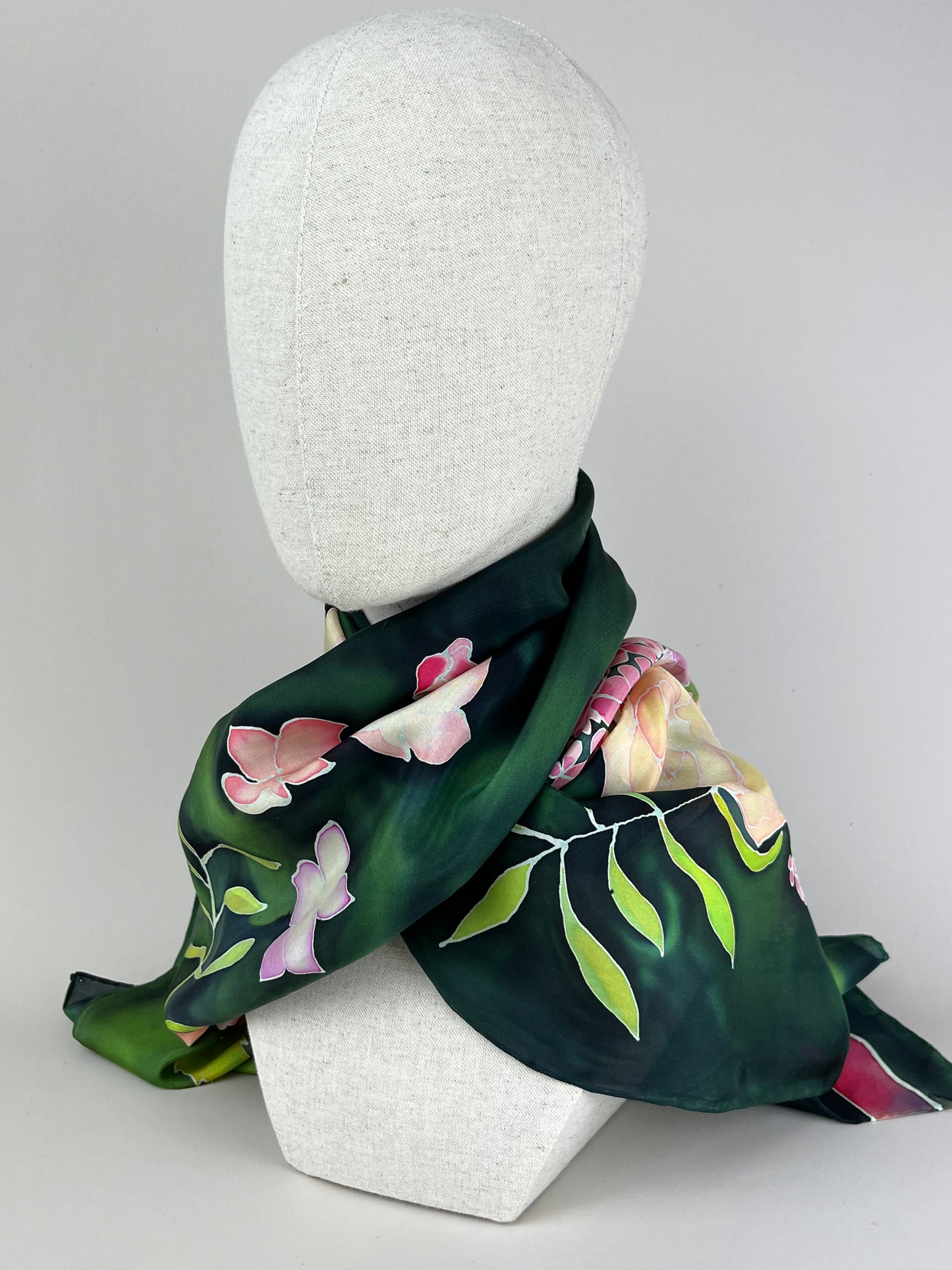 Roses and Poses in Bottlegreen- long silk scarf