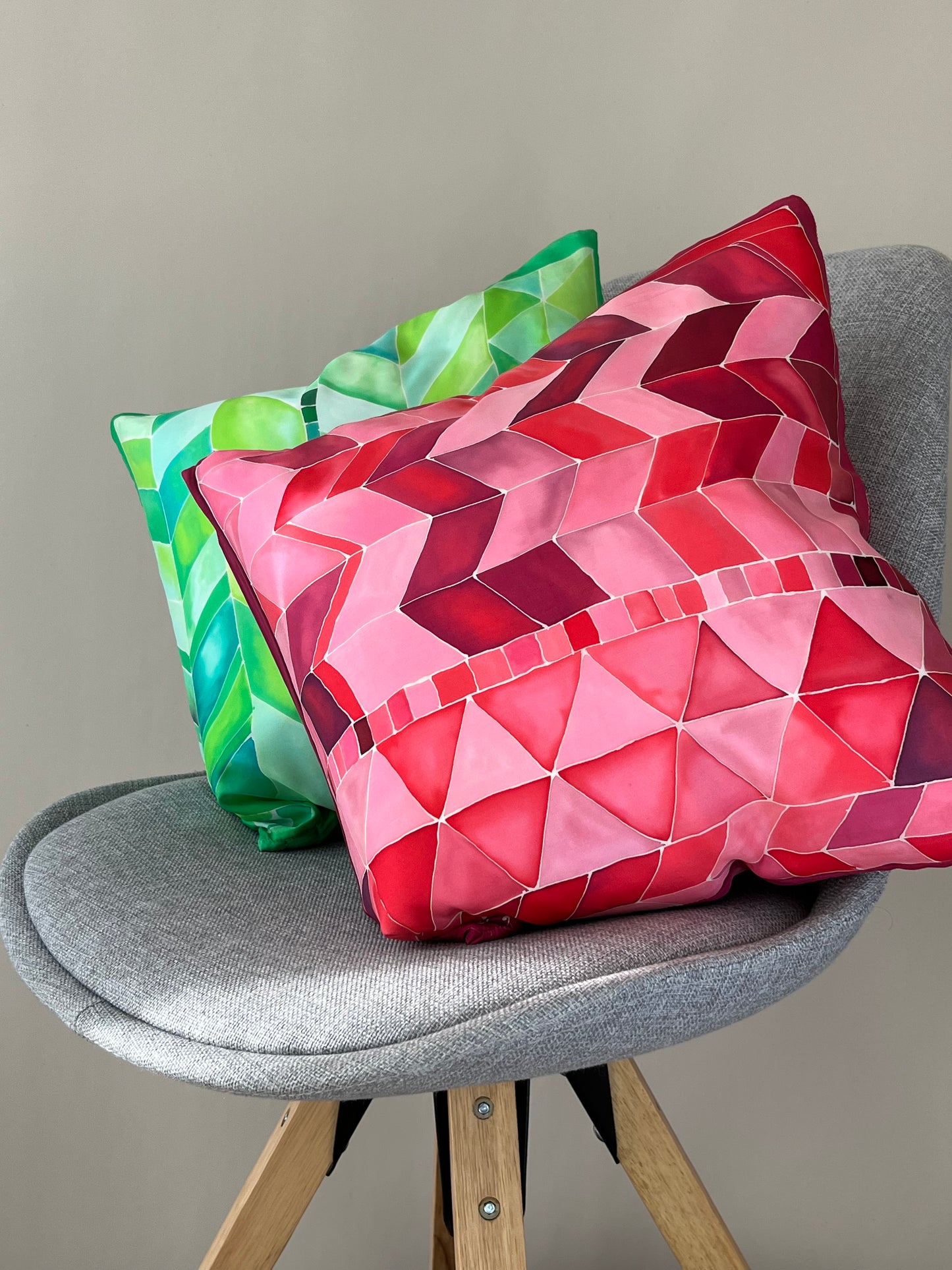 Geometric Brights in Pinks and Reds - hand painted and handmade silk cushion cover