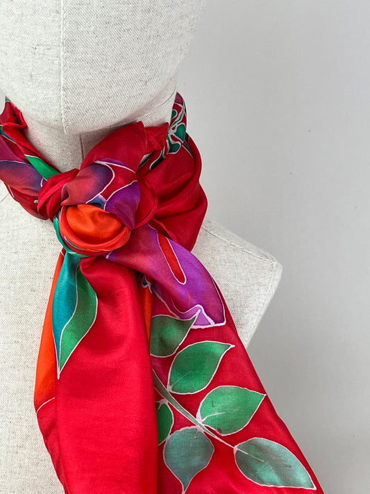 Manon - handmade silk scarf scarlet red and purple and red florals beautiful gift