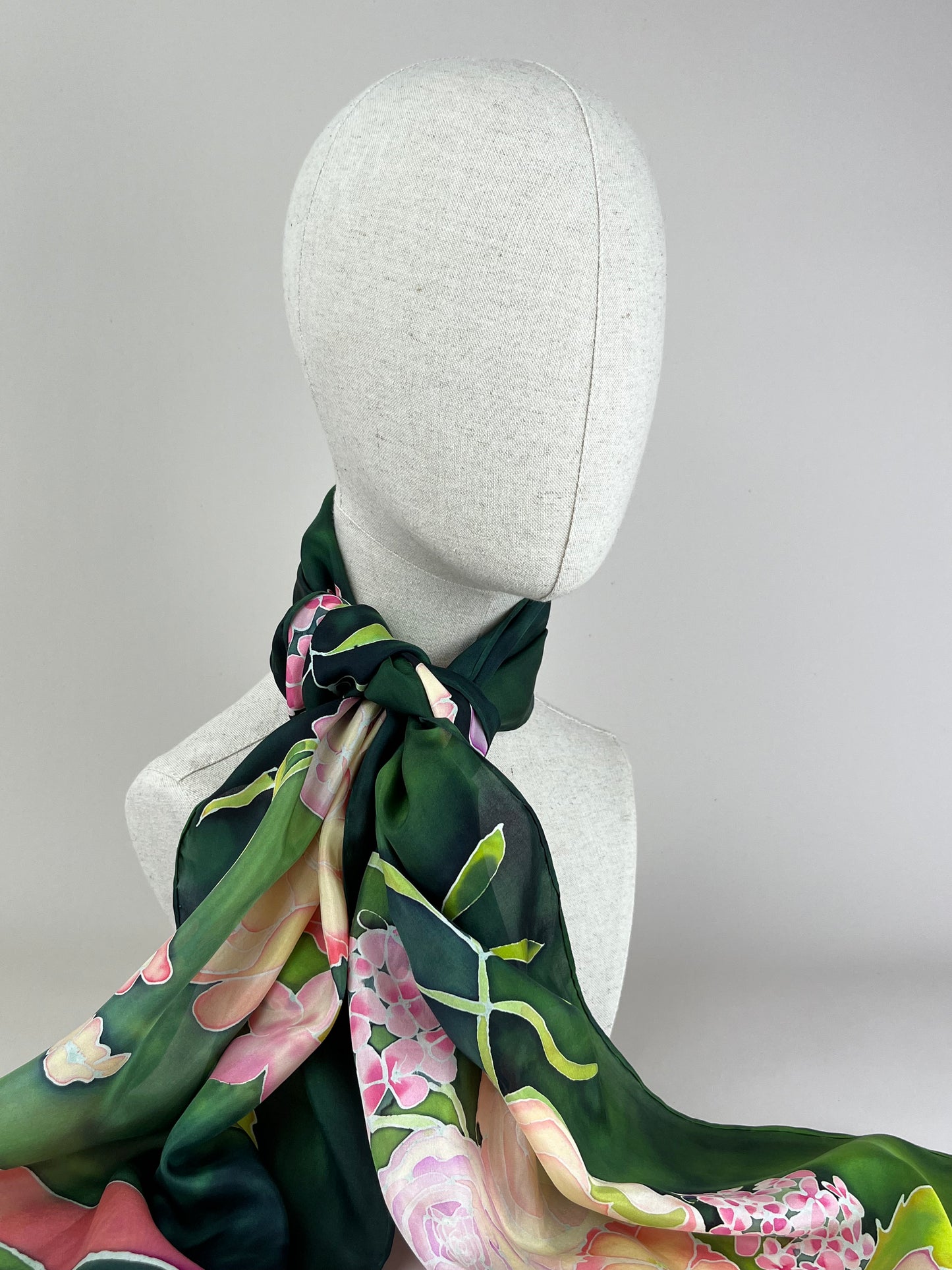 Roses and Poses in Bottlegreen- long silk scarf