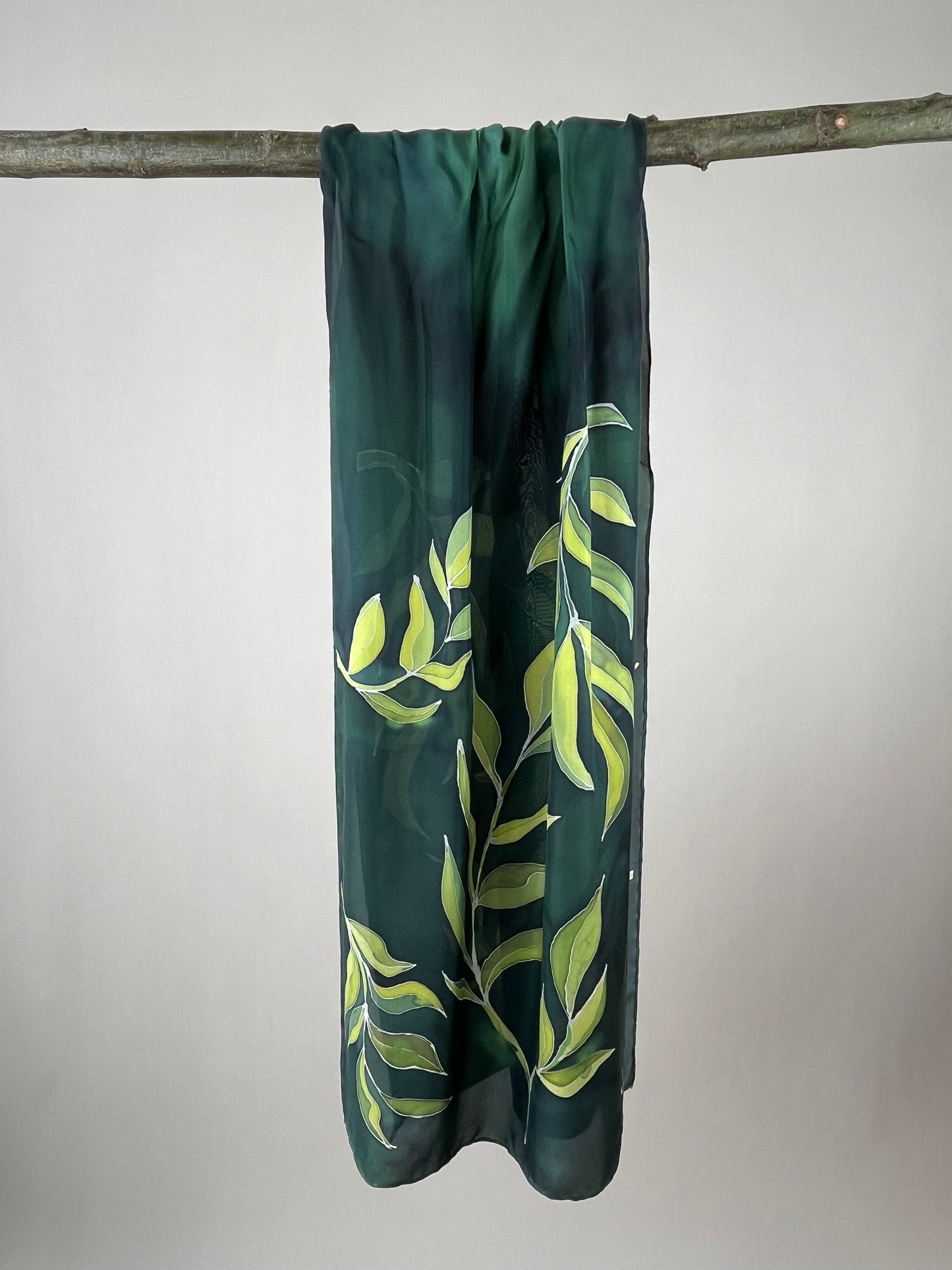 Olive Branch in bottle green - long silk hand painted