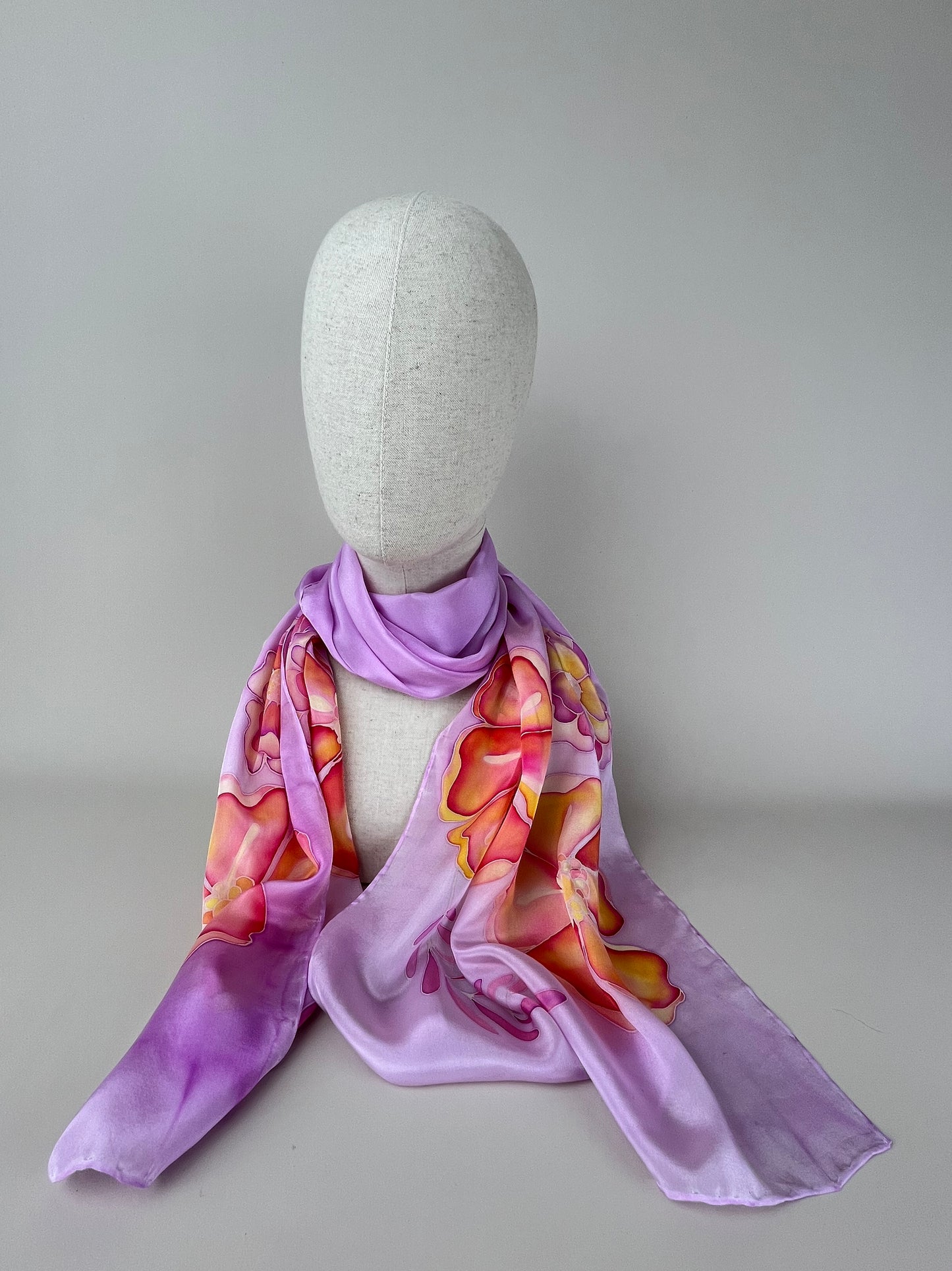 Fire Flowers in Lilac - Long silk scarf handmade