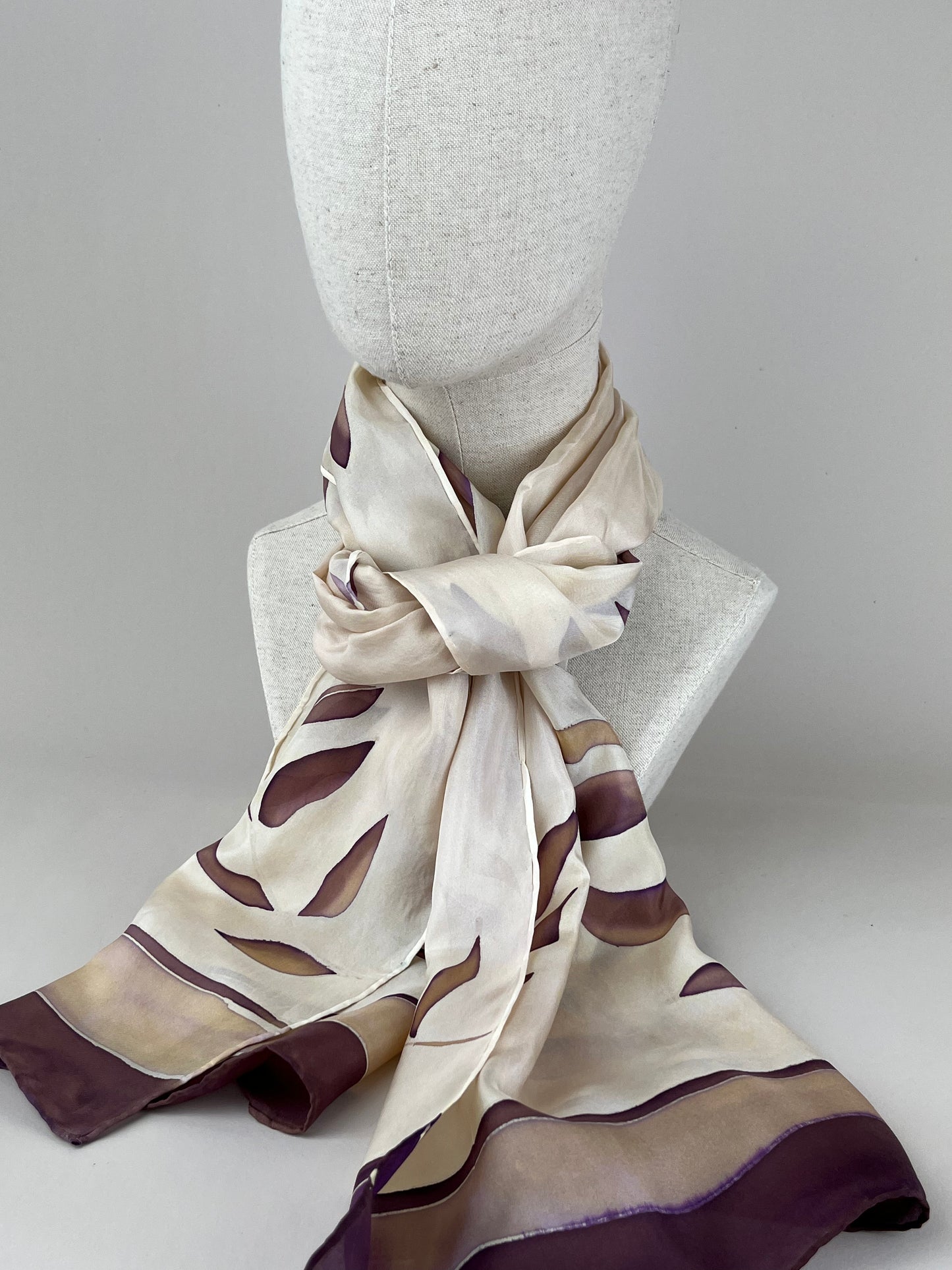 Olive Branch in Caramel Chocolate- Long silk scarf. Handmade