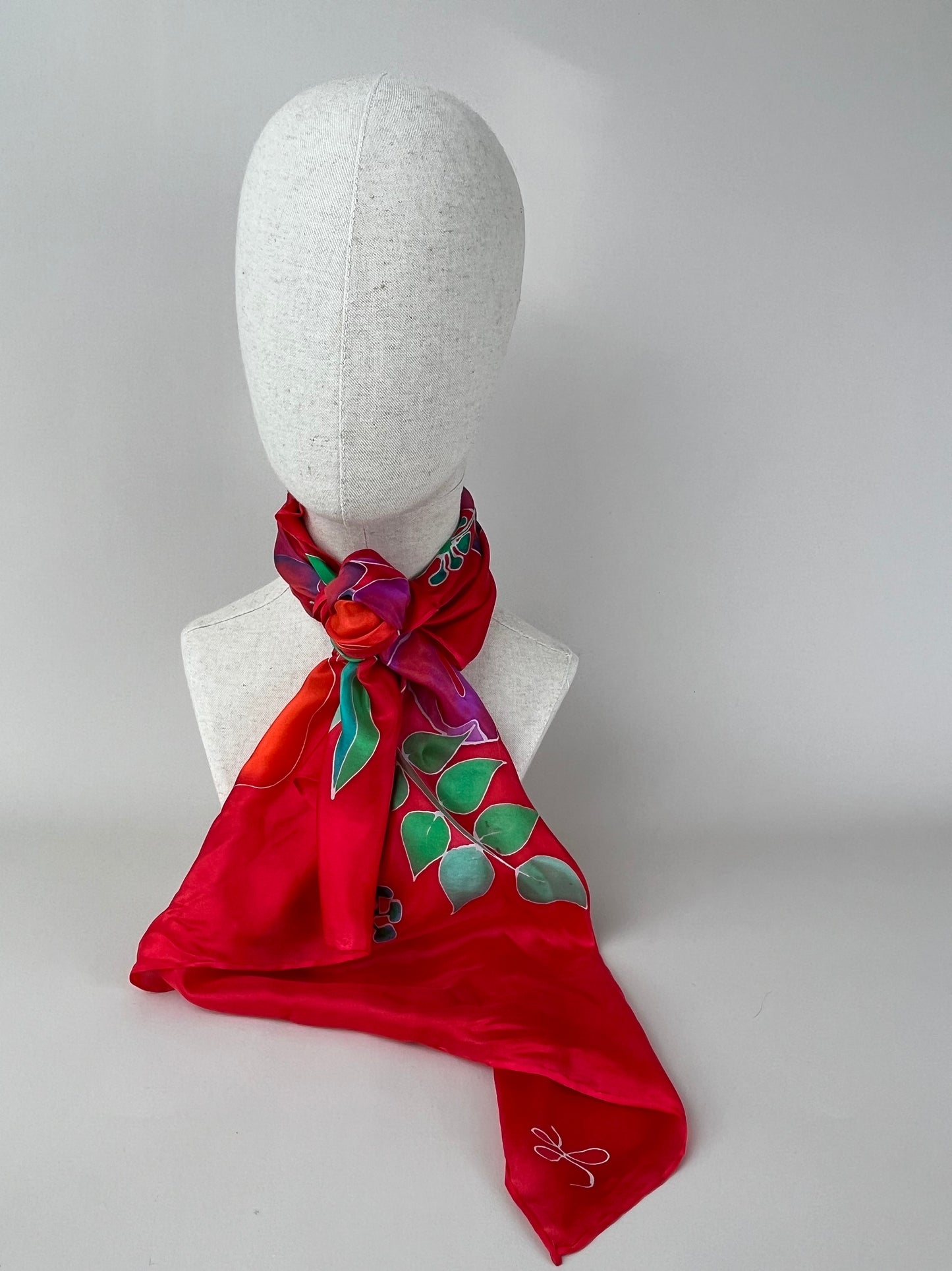 Manon - handmade silk scarf scarlet red and purple and red florals beautiful gift