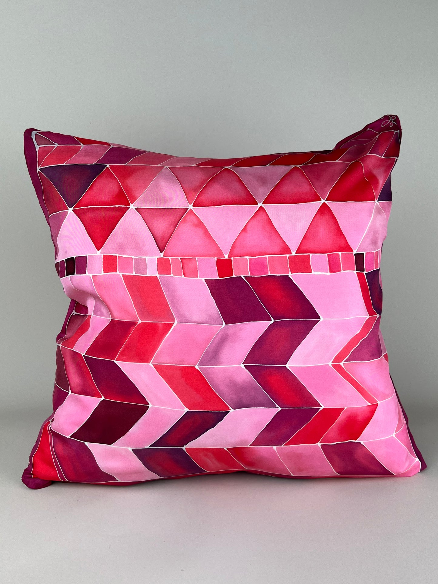 Geometric Brights in Pinks and Reds - hand painted and handmade silk cushion cover