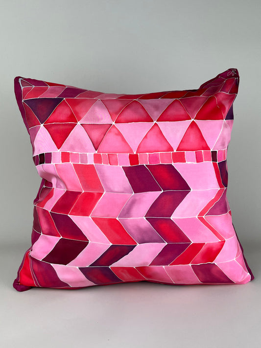 Geometric Brights in Pinks and Reds - hand painted and handmade silk cushion cover