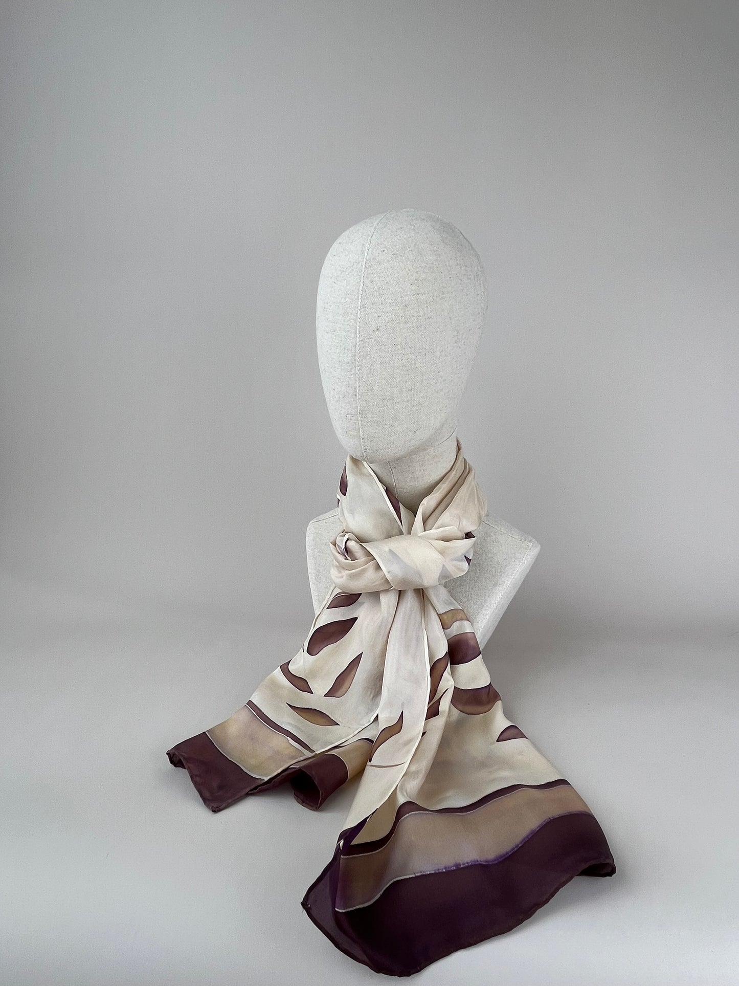 Olive Branch in Caramel Chocolate- Long silk scarf. Handmade