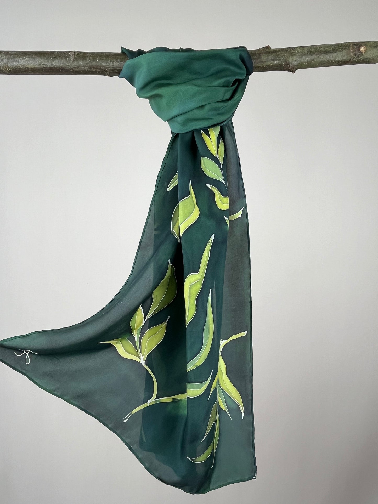 Olive Branch in bottle green - long silk hand painted