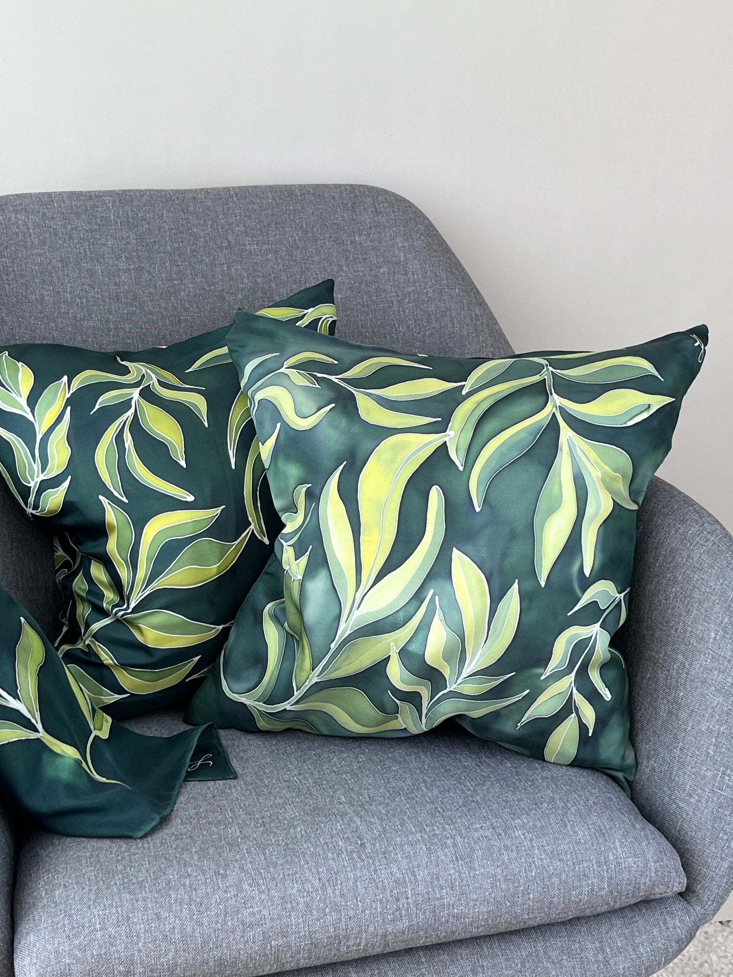 Olive Branch in Bottlegreen - handmade and hand painted cushion cover - MADE TO ORDER