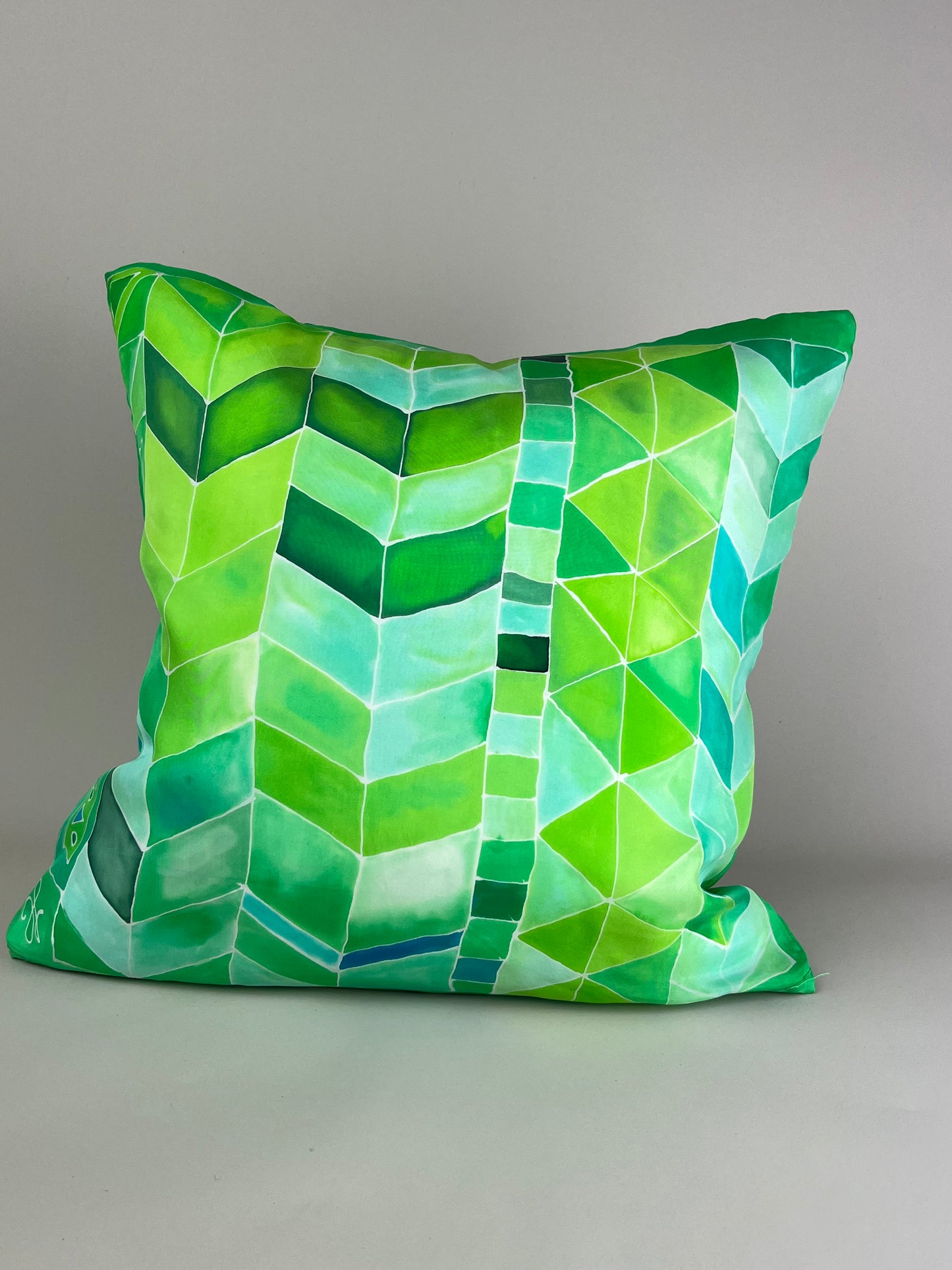 Geometric Brights in Green - hand made and hand painted silk cushion with zip