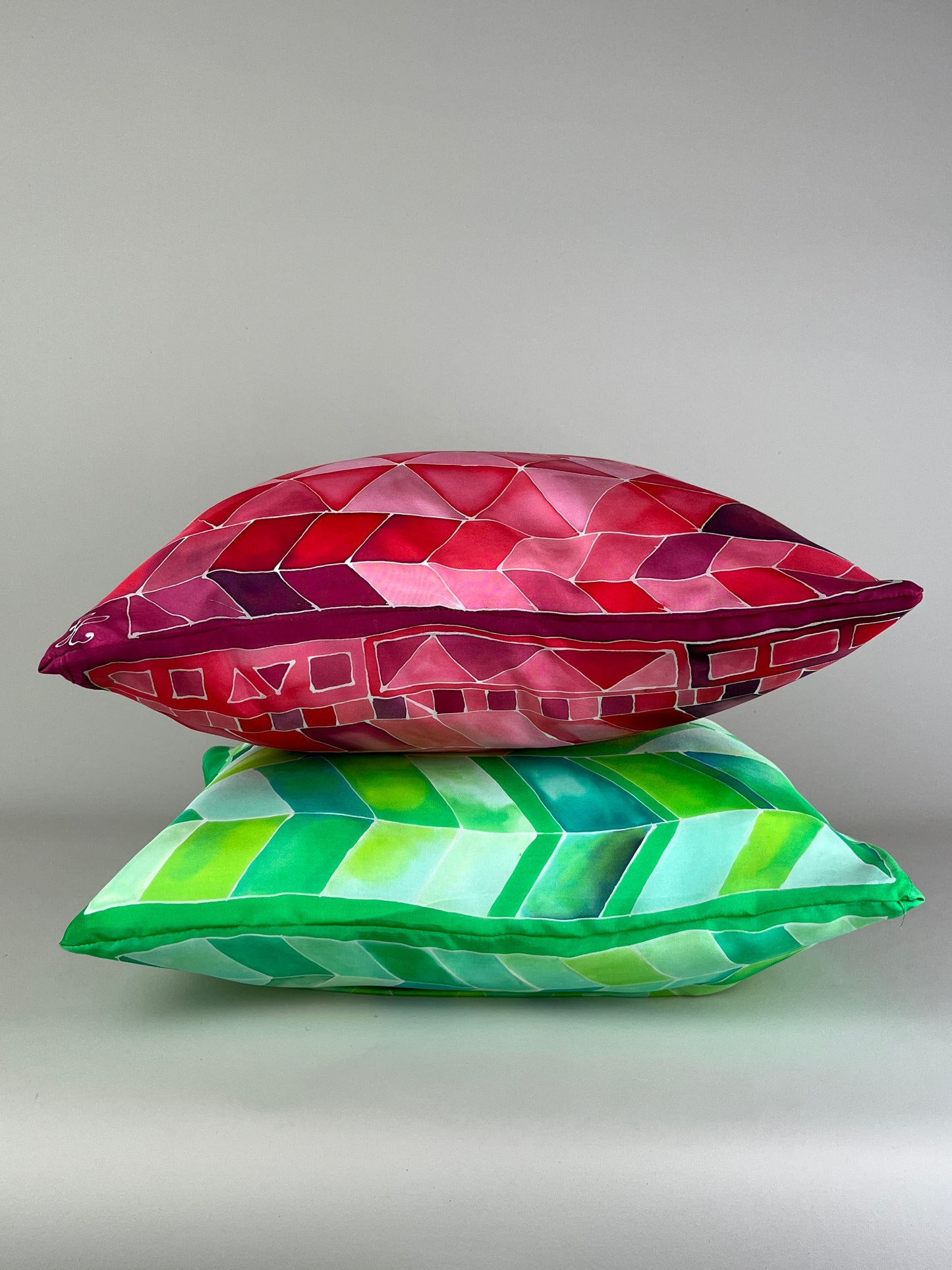 Geometric Brights in Green - hand made and hand painted silk cushion with zip