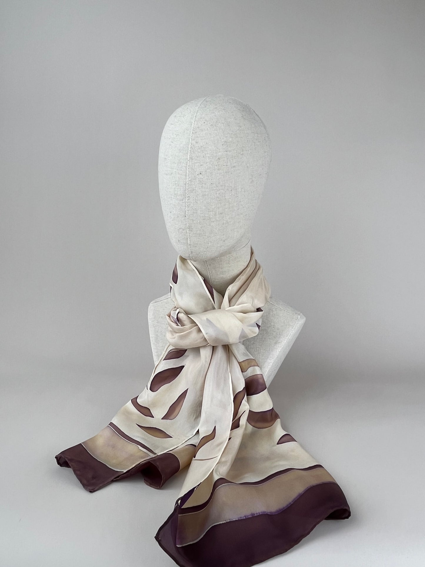 Olive Branch in Caramel Chocolate- Long silk scarf. Handmade