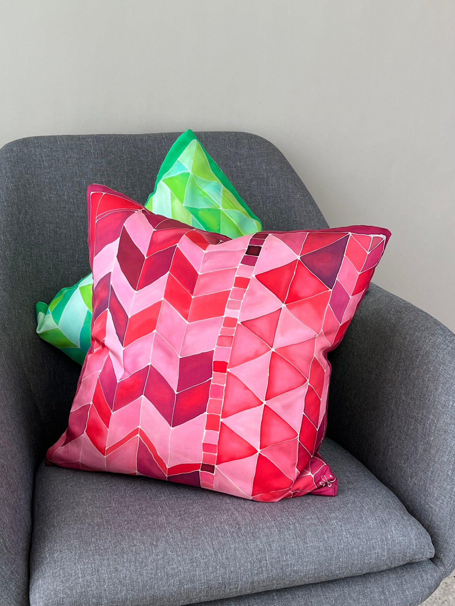 Geometric Brights in Green - hand made and hand painted silk cushion with zip