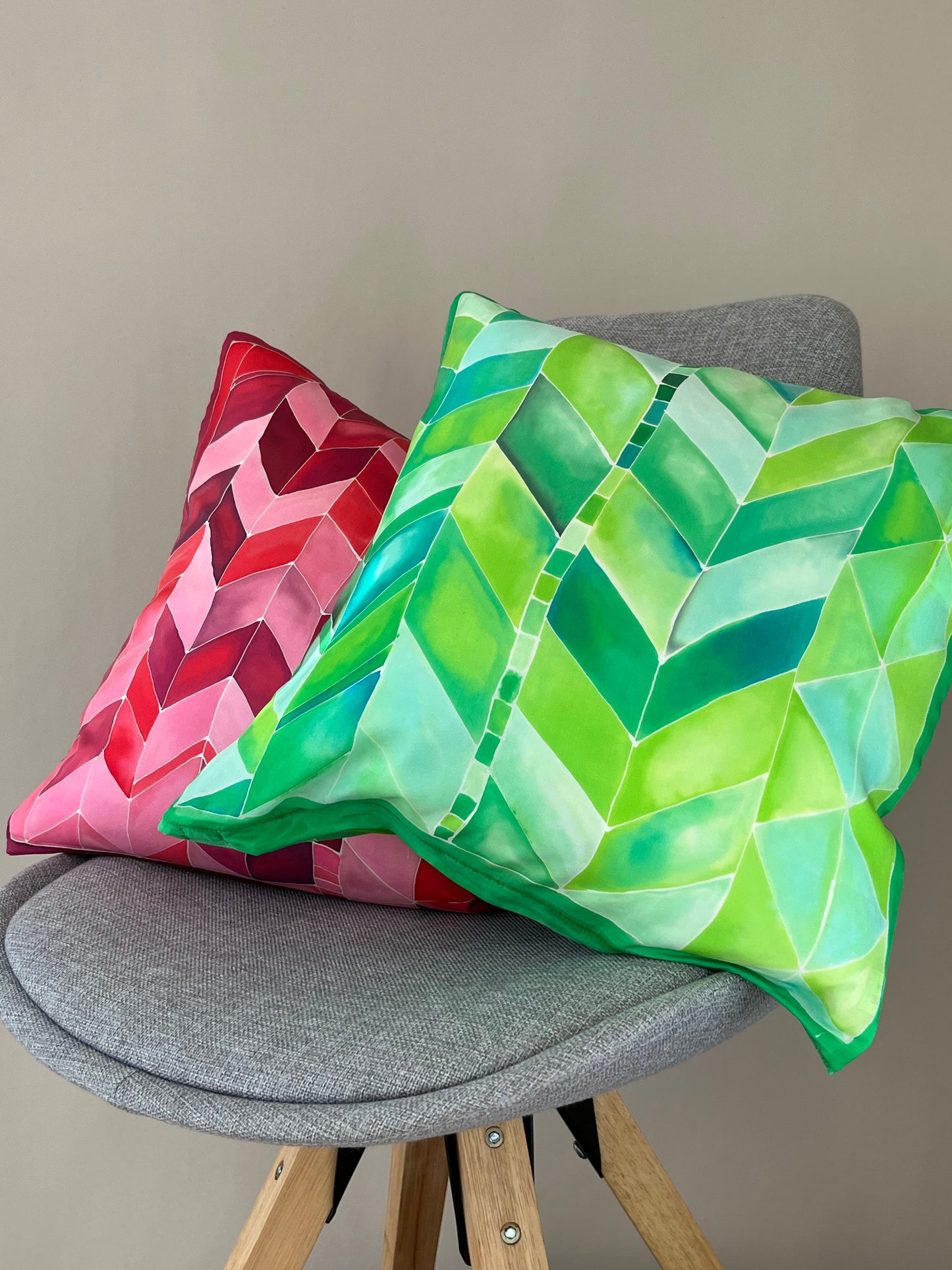 Geometric Brights in Pinks and Reds - hand painted and handmade silk cushion cover