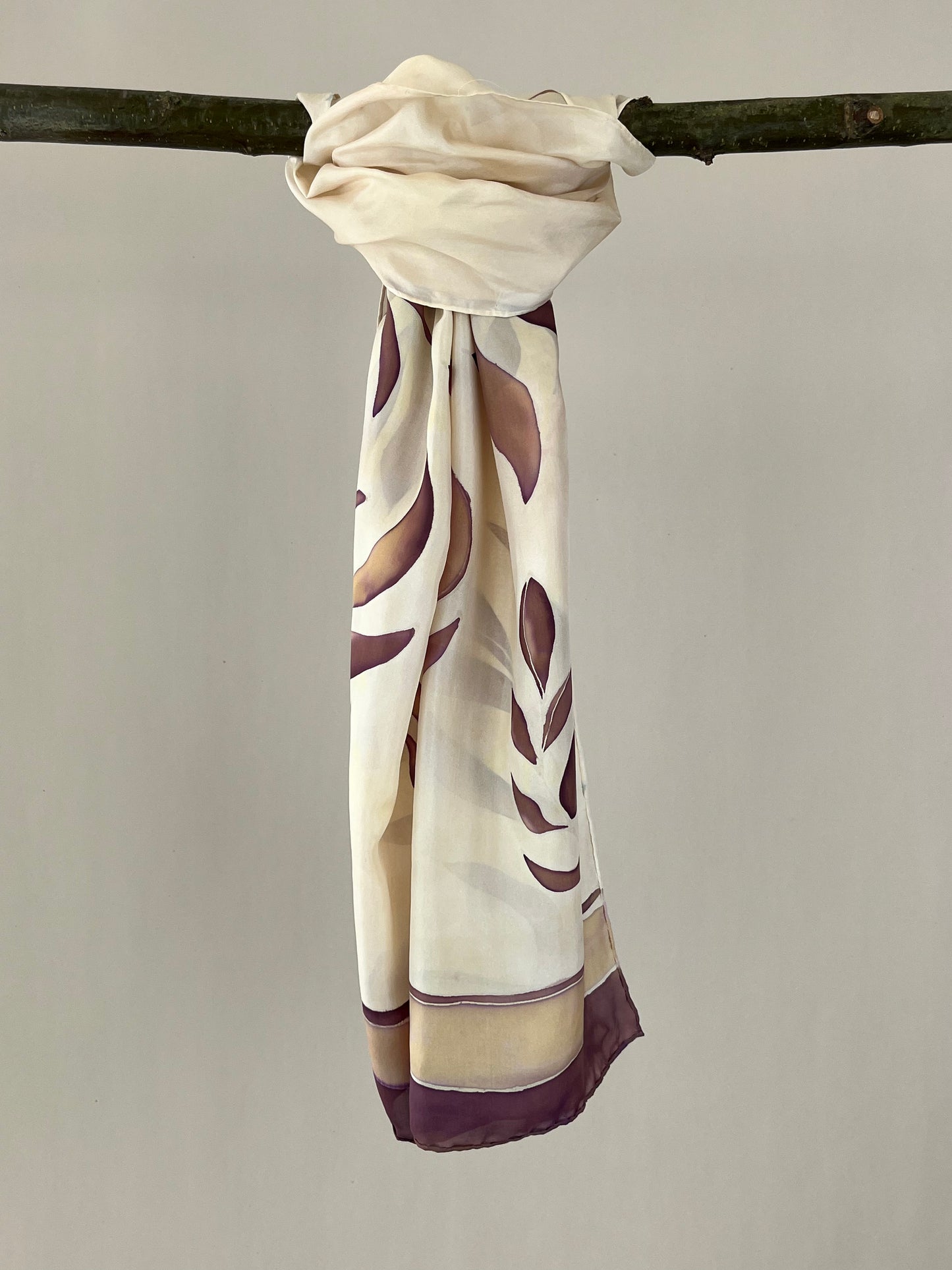 Olive Branch in Caramel Chocolate- Long silk scarf. Handmade