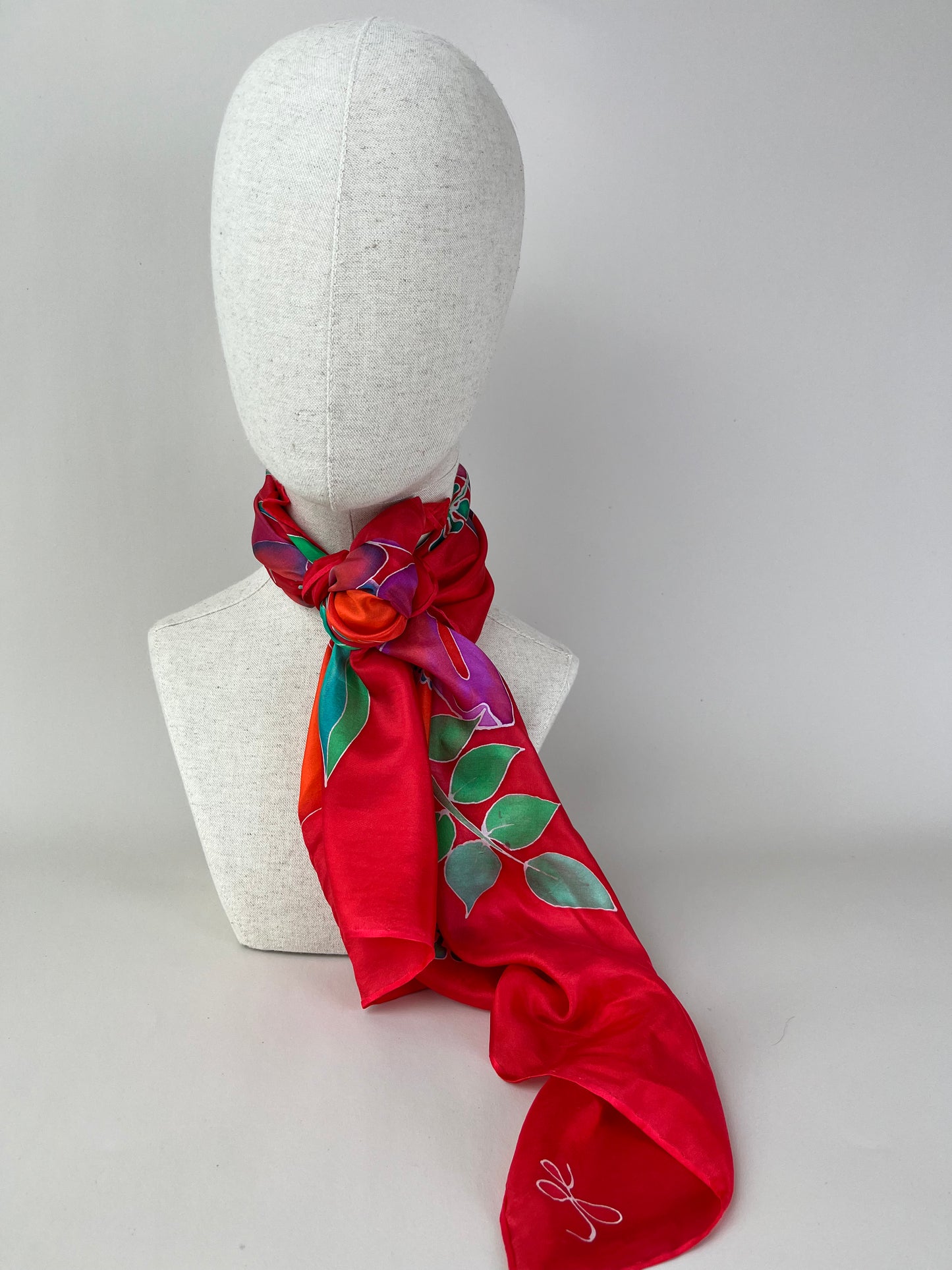 Manon - handmade silk scarf scarlet red and purple and red florals beautiful gift