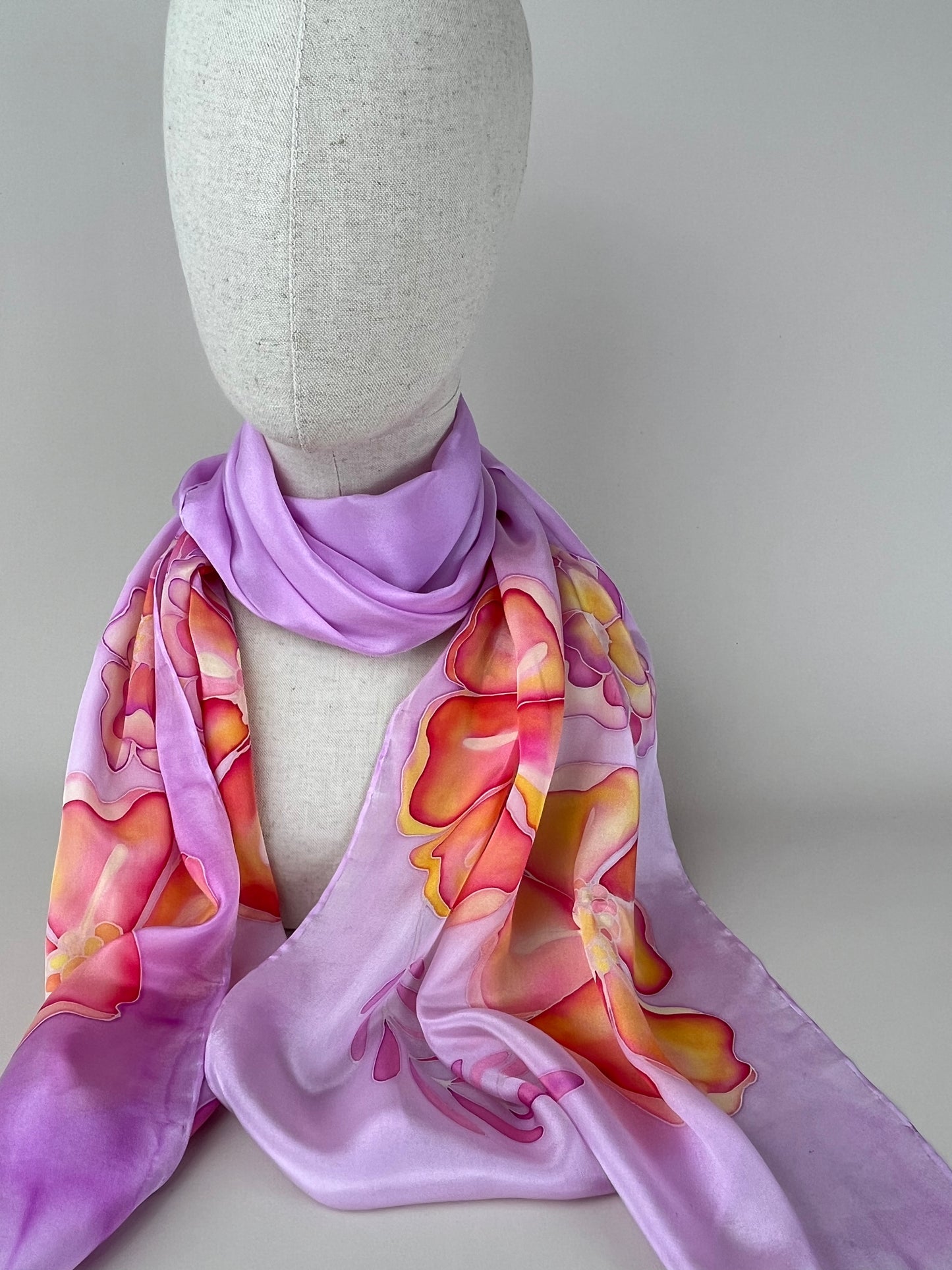 Fire Flowers in Lilac - Long silk scarf handmade