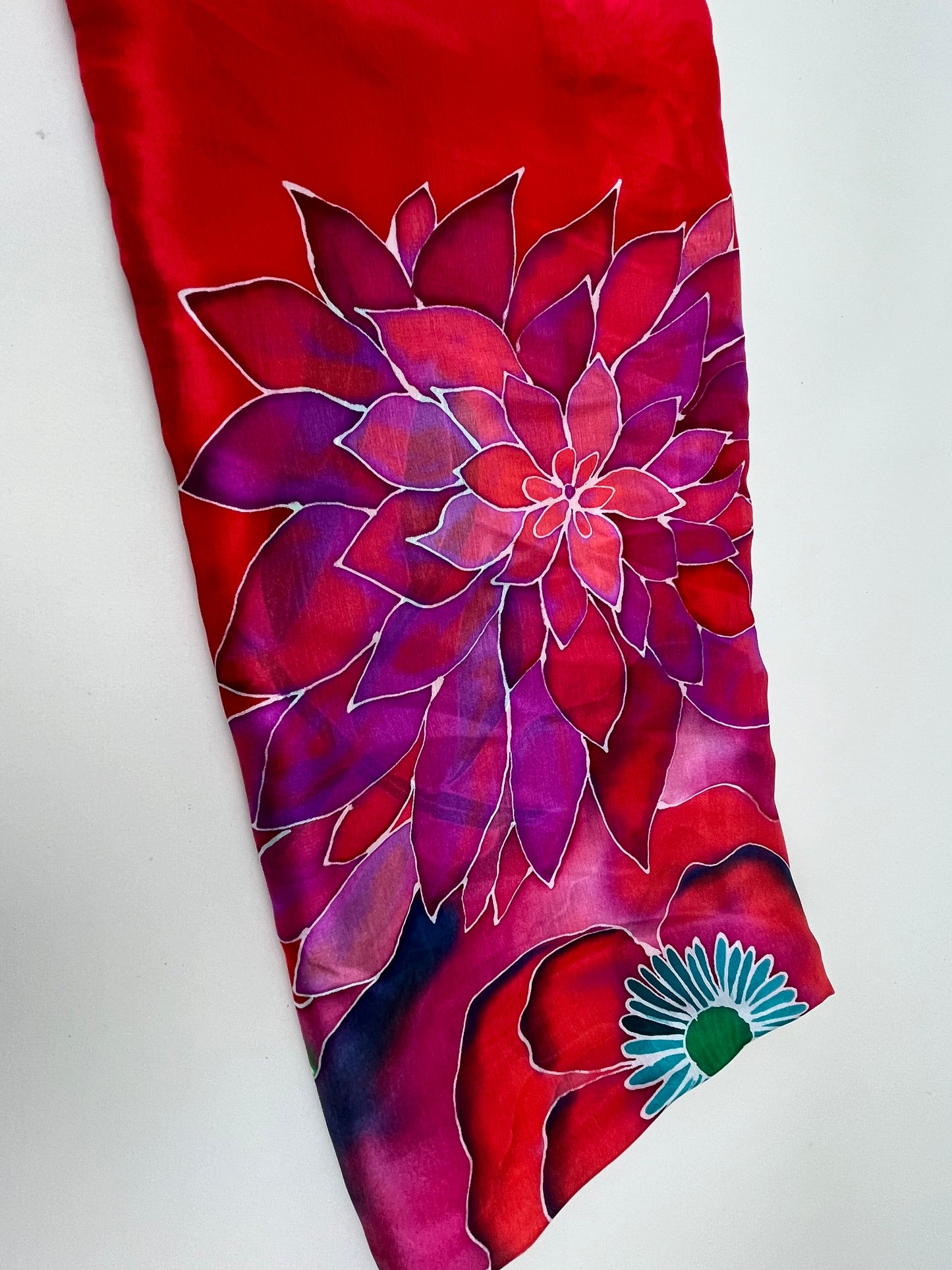 Manon - handmade silk scarf scarlet red and purple and red florals beautiful gift