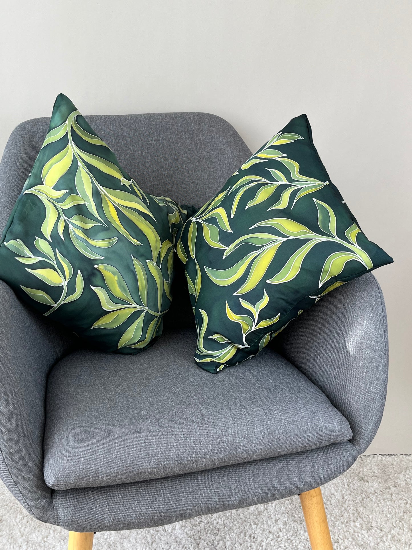 Olive Branch in Bottlegreen - handmade and hand painted cushion cover - MADE TO ORDER