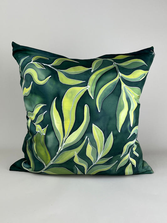 Olive Branch in Bottlegreen - handmade and hand painted cushion cover - MADE TO ORDER