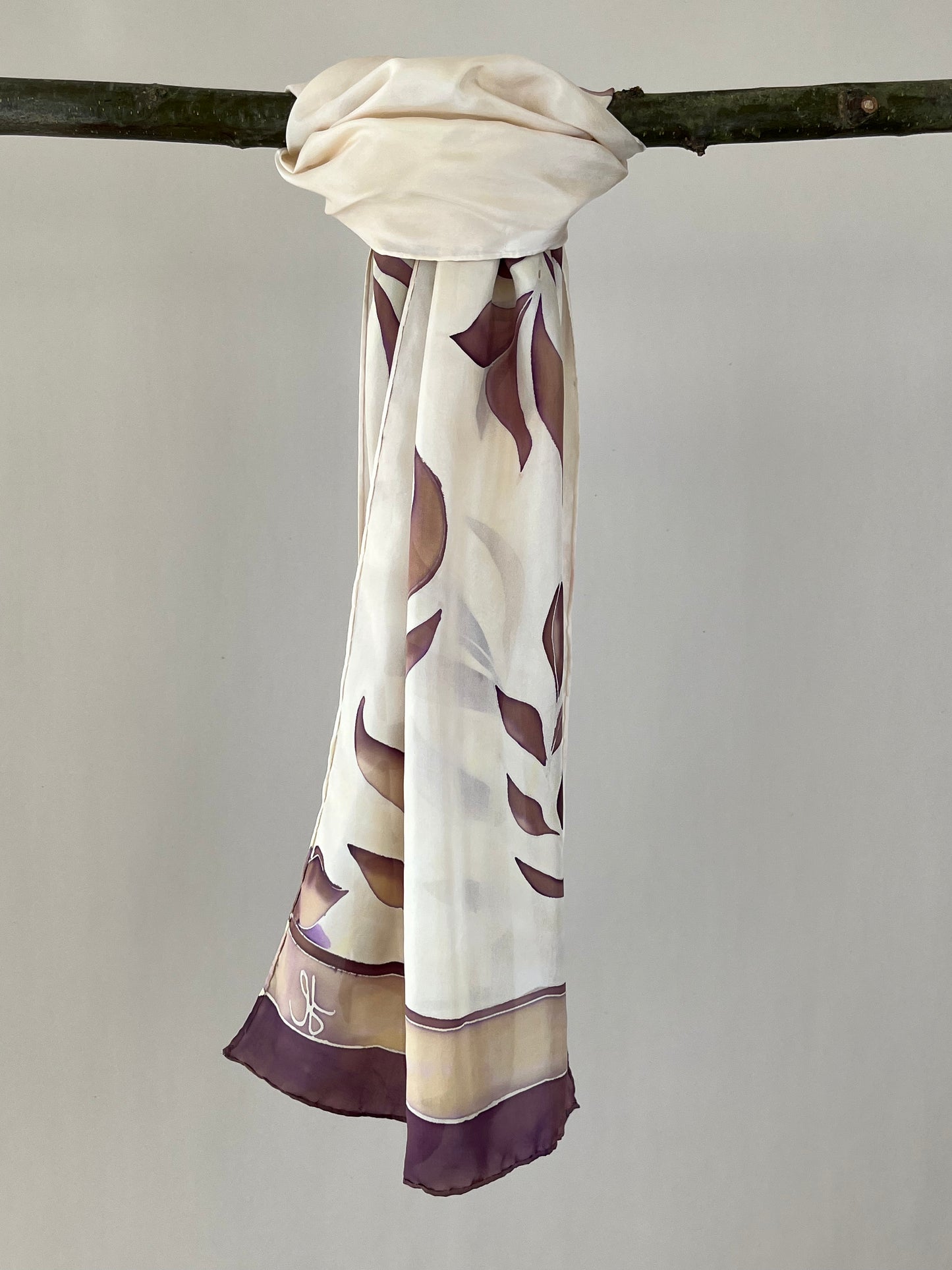 Olive Branch in Caramel Chocolate- Long silk scarf. Handmade