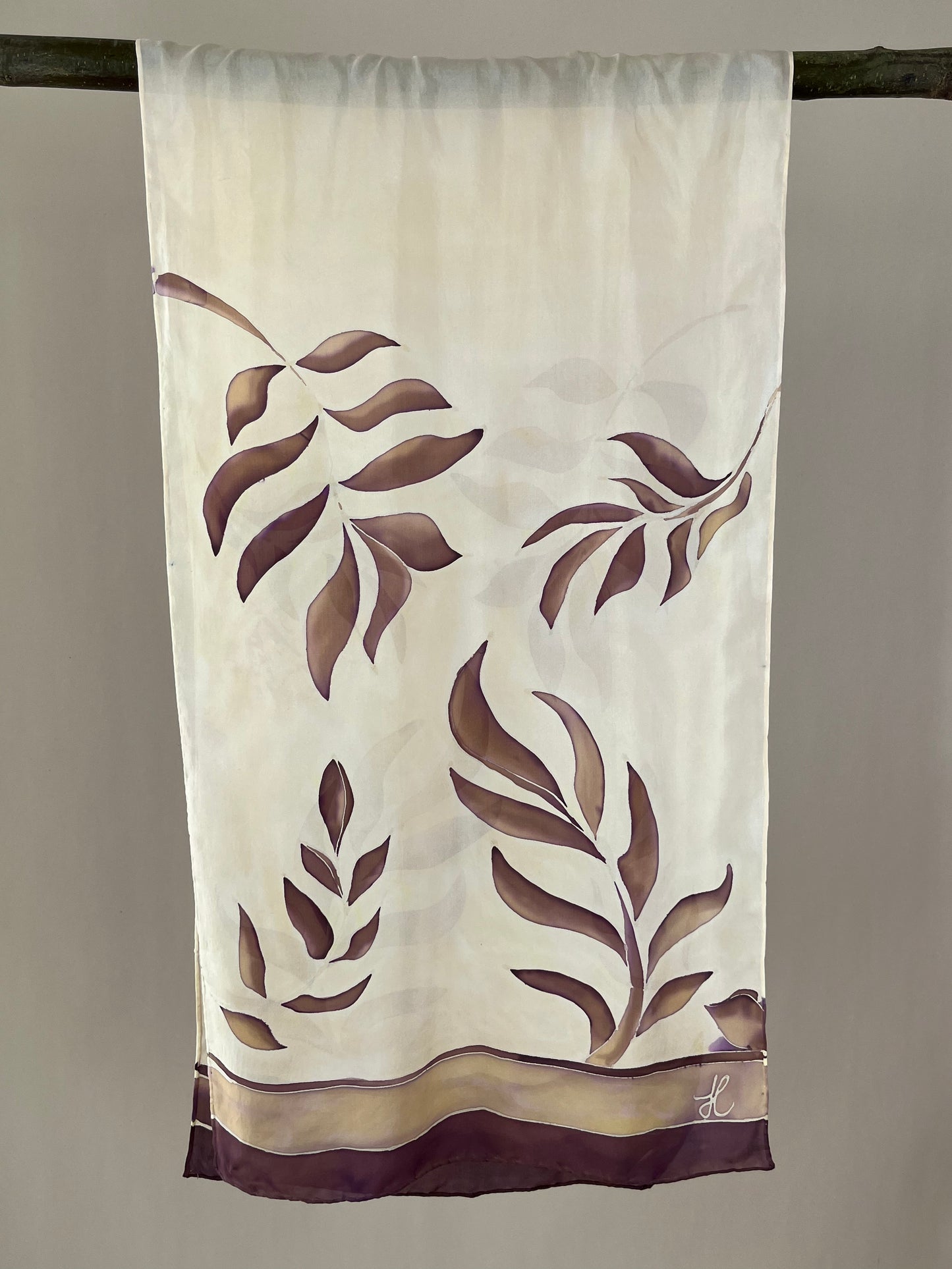 Olive Branch in Caramel Chocolate- Long silk scarf. Handmade