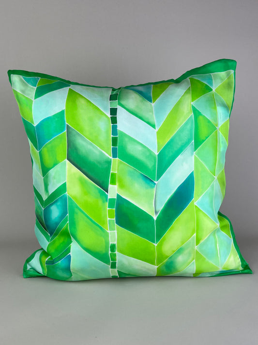 Geometric Brights in Green - hand made and hand painted silk cushion with zip