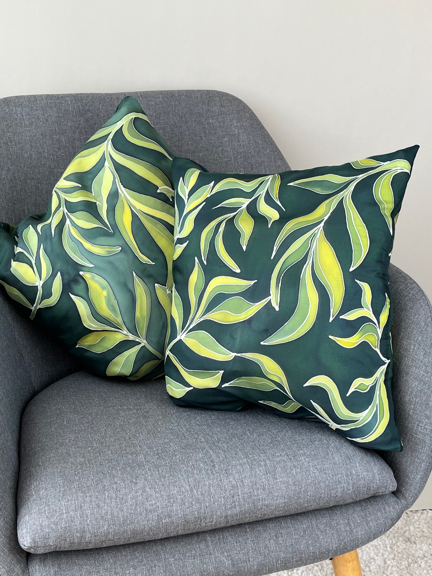 Olive Branch in Bottlegreen - handmade and hand painted cushion cover - MADE TO ORDER