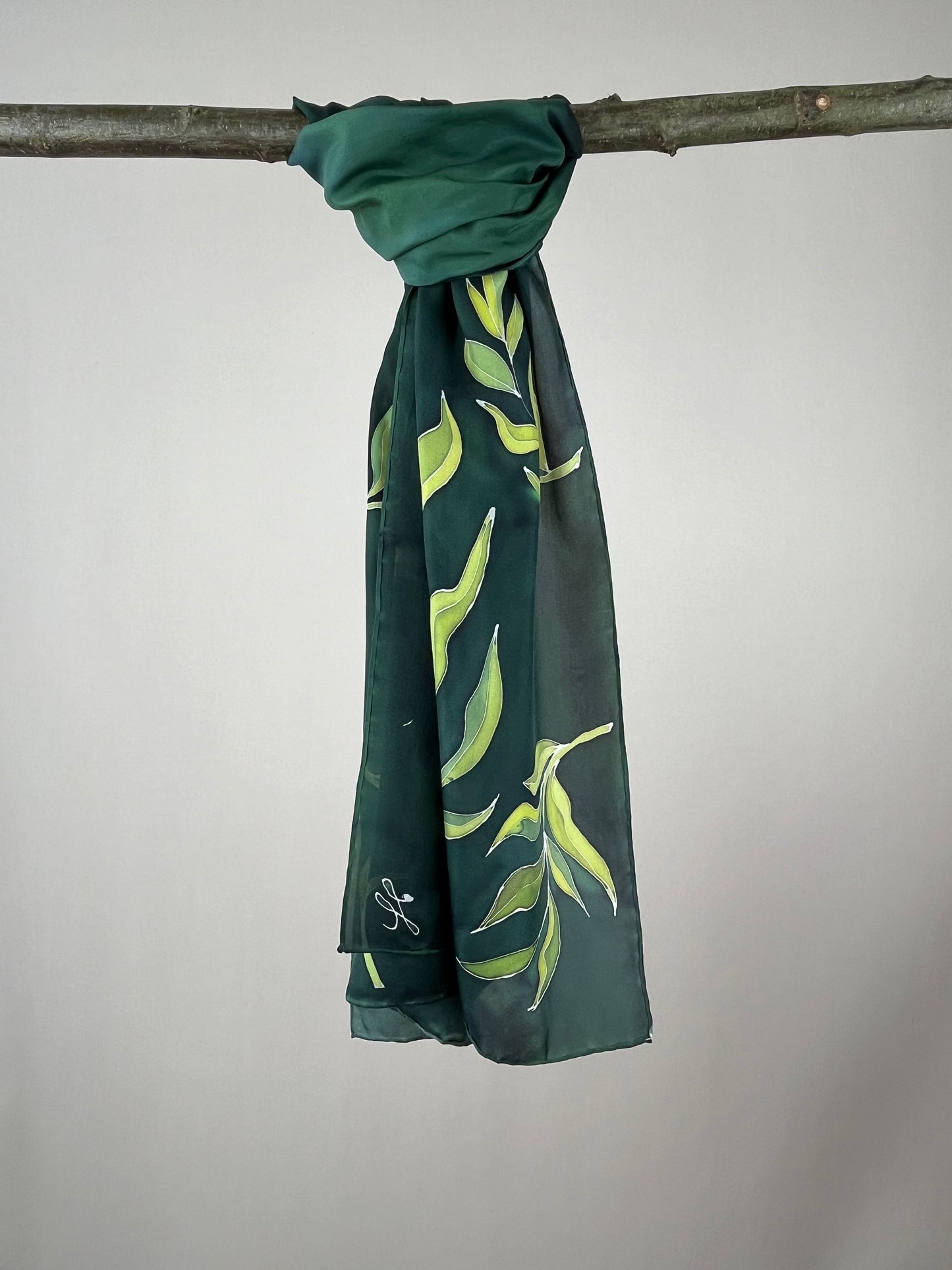 Olive Branch in bottle green - long silk hand painted