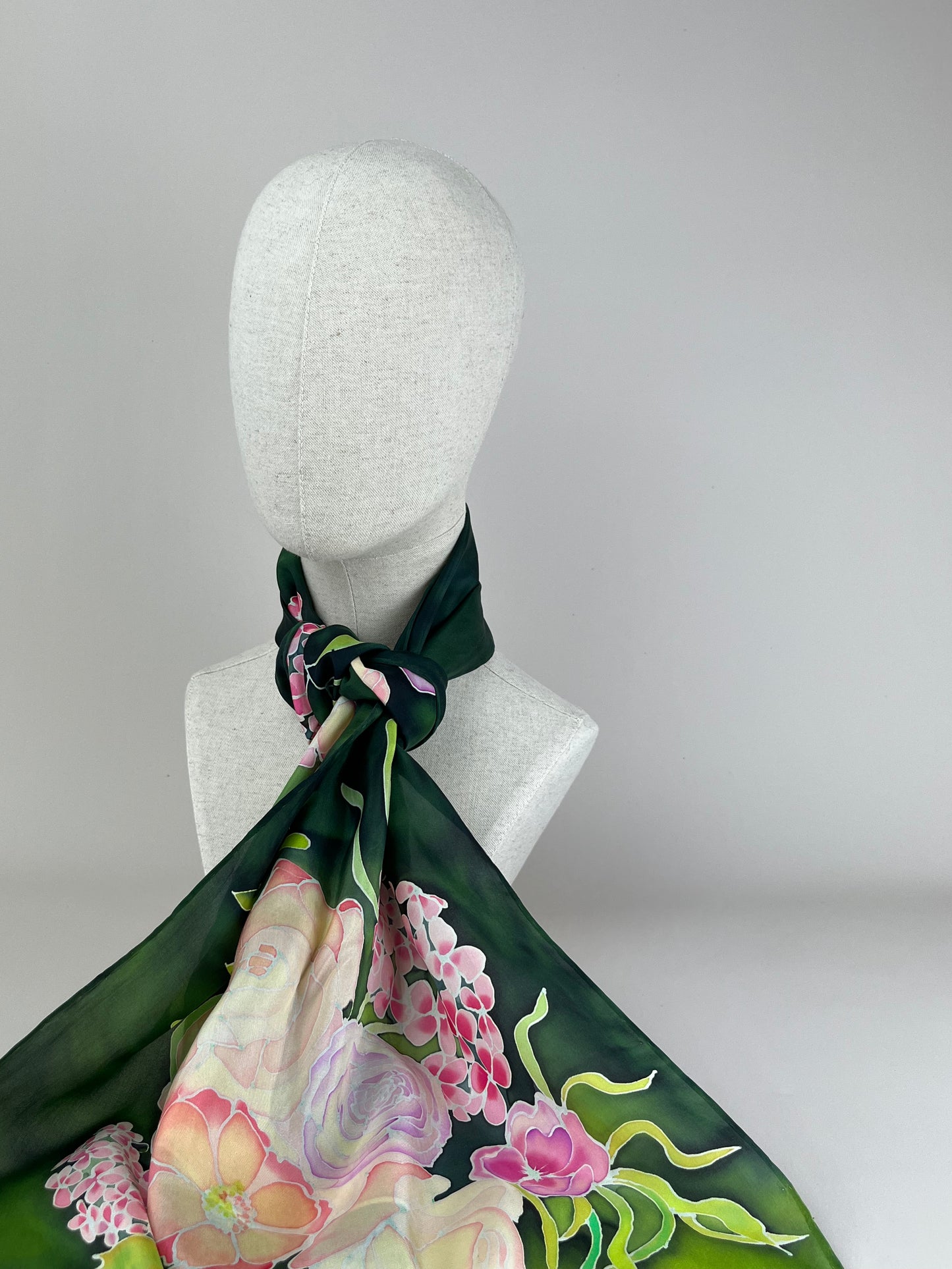 Roses and Poses in Bottlegreen- long silk scarf