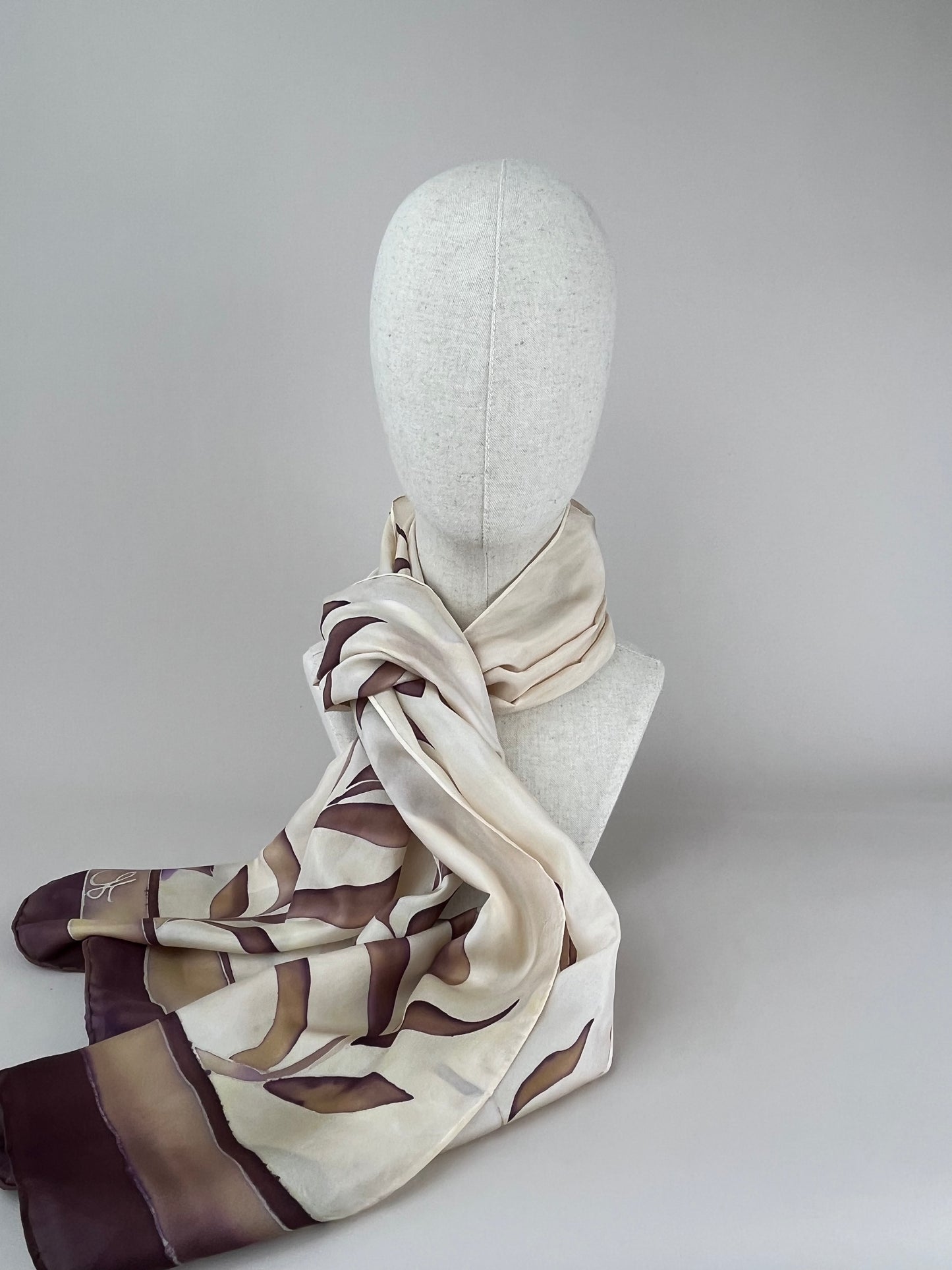 Olive Branch in Caramel Chocolate- Long silk scarf. Handmade