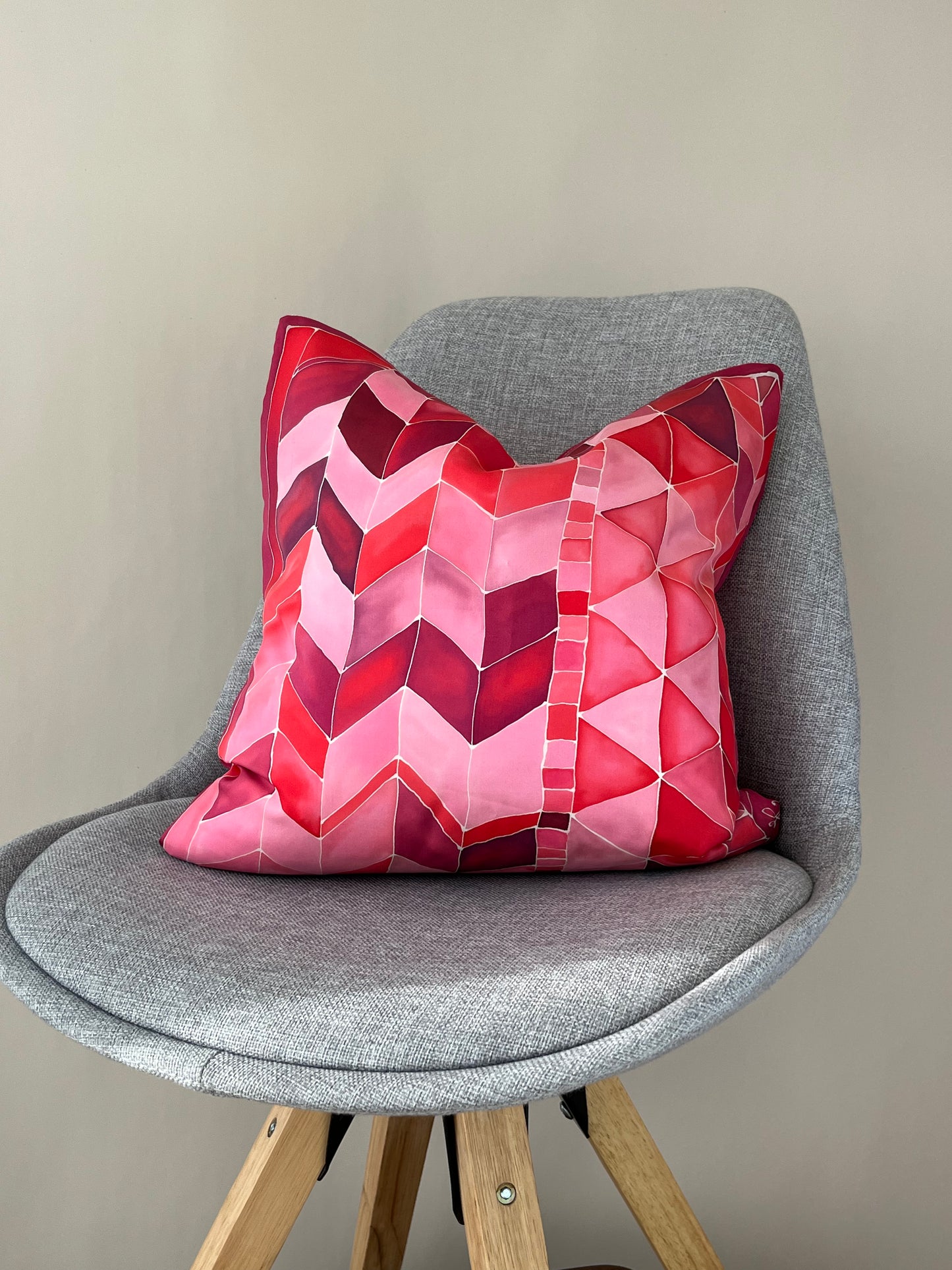 Geometric Brights in Pinks and Reds - hand painted and handmade silk cushion cover