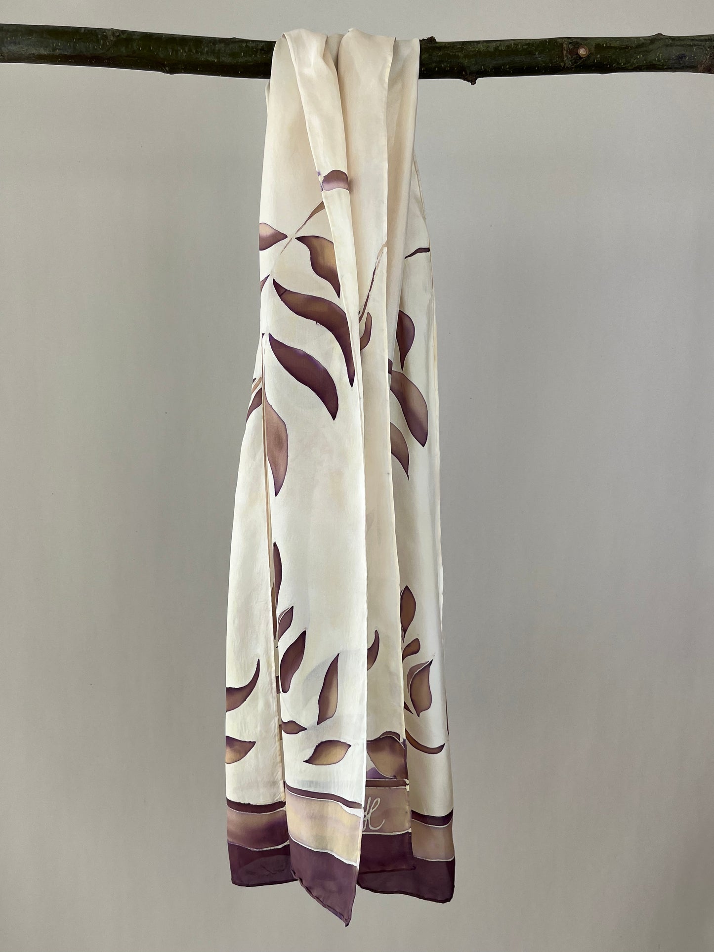 Olive Branch in Caramel Chocolate- Long silk scarf. Handmade